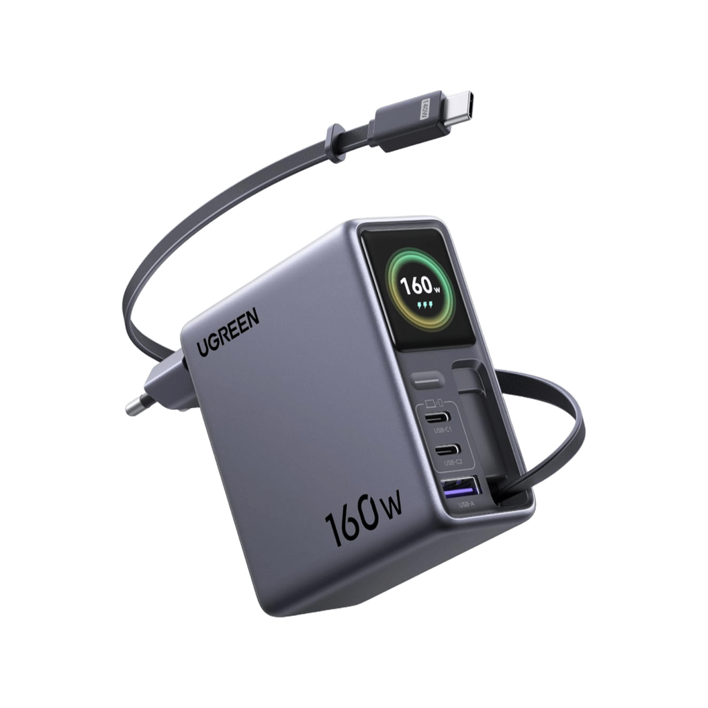 UGREEN Nexode Pro Smart-Display-Ladegerät (160 W, 4 Anschlüsse, GaN, ausziehbares Kabel, App-Steuerung)