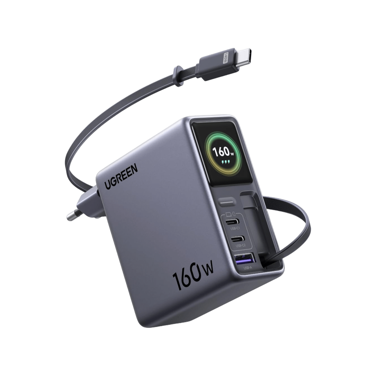 UGREEN Nexode Pro Smart-Display-Ladegerät (160 W, 4 Anschlüsse, GaN, ausziehbares Kabel, App-Steuerung)