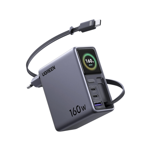 UGREEN Nexode Pro Smart-Display-Ladegerät (160 W, 4 Anschlüsse, GaN, ausziehbares Kabel, App-Steuerung)