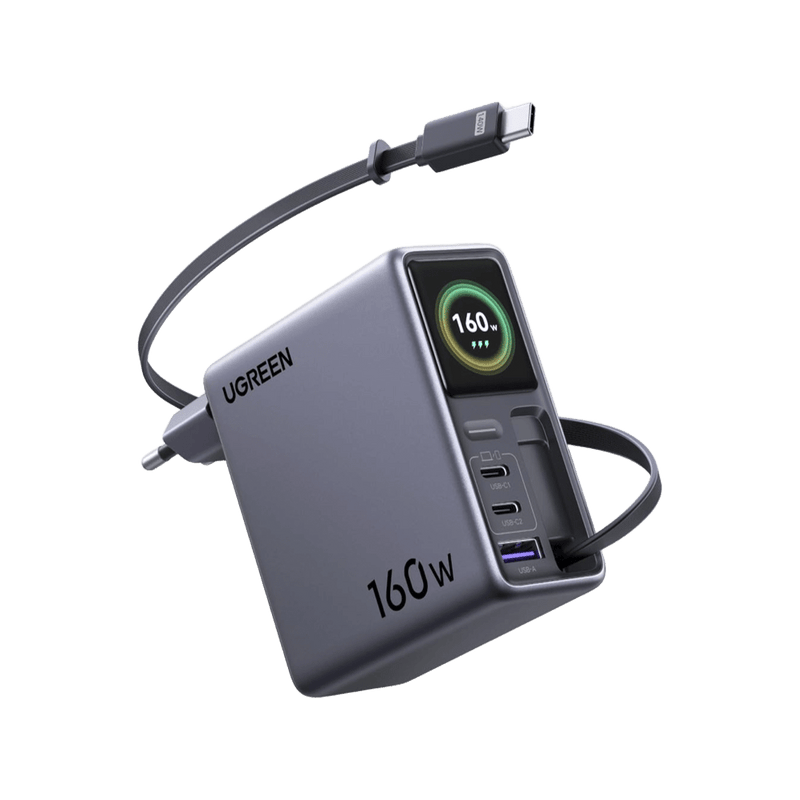 UGREEN Nexode Pro Smart-Display-Ladegerät (160 W, 4 Anschlüsse, GaN, ausziehbares Kabel, App-Steuerung)