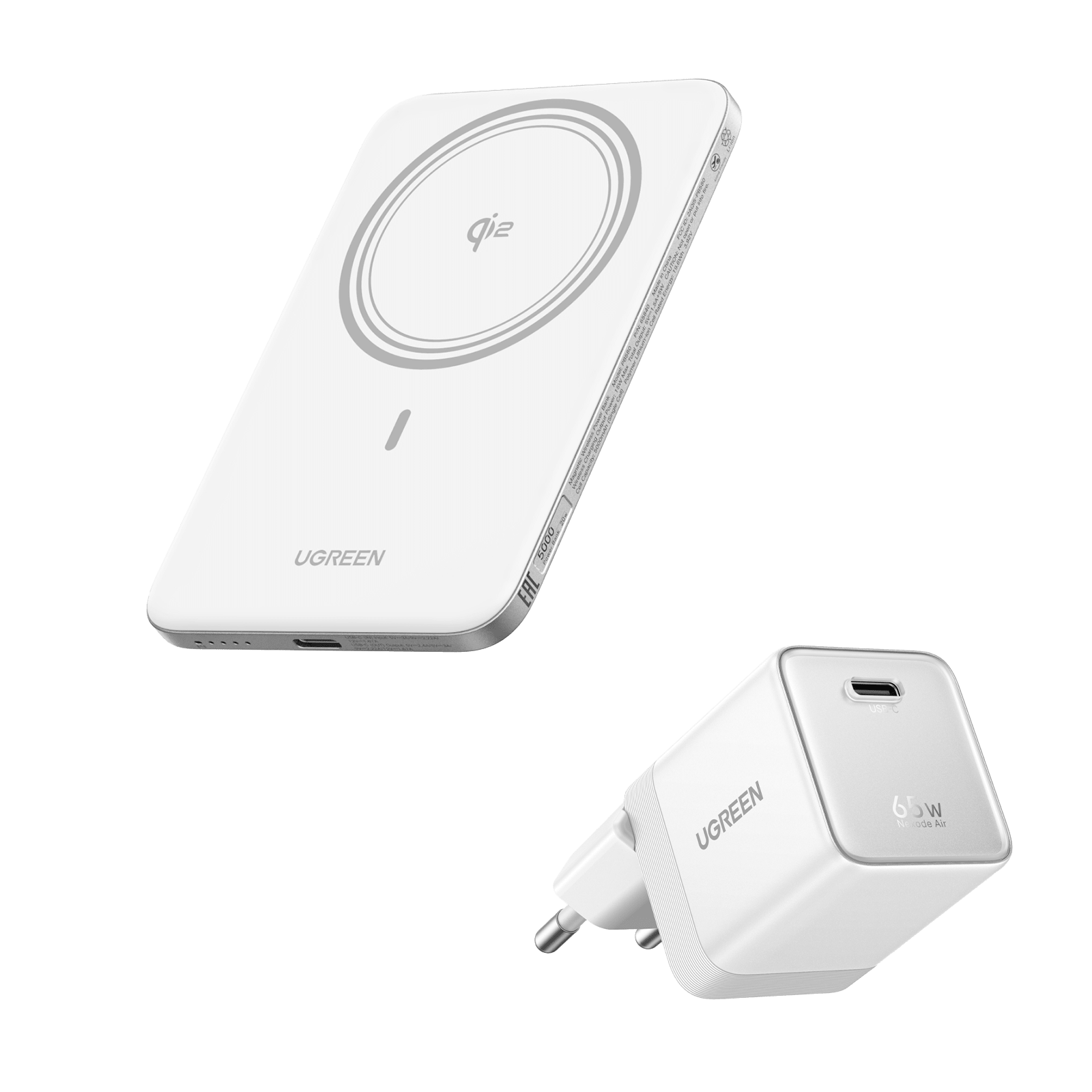 UGREEN MagFlow Air Powerbank & Nexode Air Ladegerät im Bundle (5.000 mAh / 10.000 mAh, Qi2 15 W, 65 W GaN) -