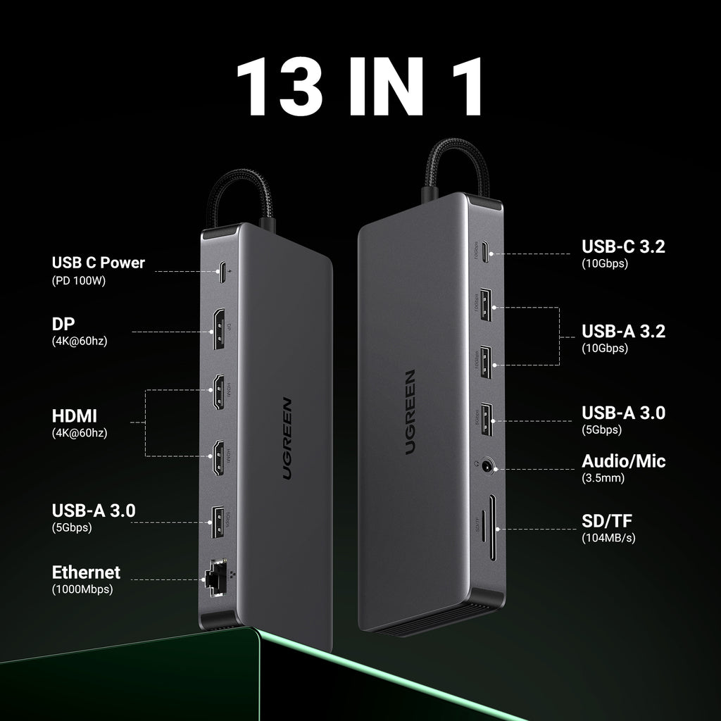 Die UGREEN Revodok Pro 313 USB-C Dockingstation (13-IN-1, Triple Display) bietet als vielseitiger USB-Hub dreizehn Anschlüsse, darunter USB-C-Power, DP- und HDMI-Ports, USB-A-3.0-Schnittstellen, Ethernet sowie Audio-, SD- und TF-Slots für umfassende Geräteerweiterung.