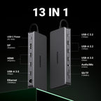 Die UGREEN Revodok Pro 313 USB-C Dockingstation (13-IN-1, Triple Display) bietet als vielseitiger USB-Hub dreizehn Anschlüsse, darunter USB-C-Power, DP- und HDMI-Ports, USB-A-3.0-Schnittstellen, Ethernet sowie Audio-, SD- und TF-Slots für umfassende Geräteerweiterung.