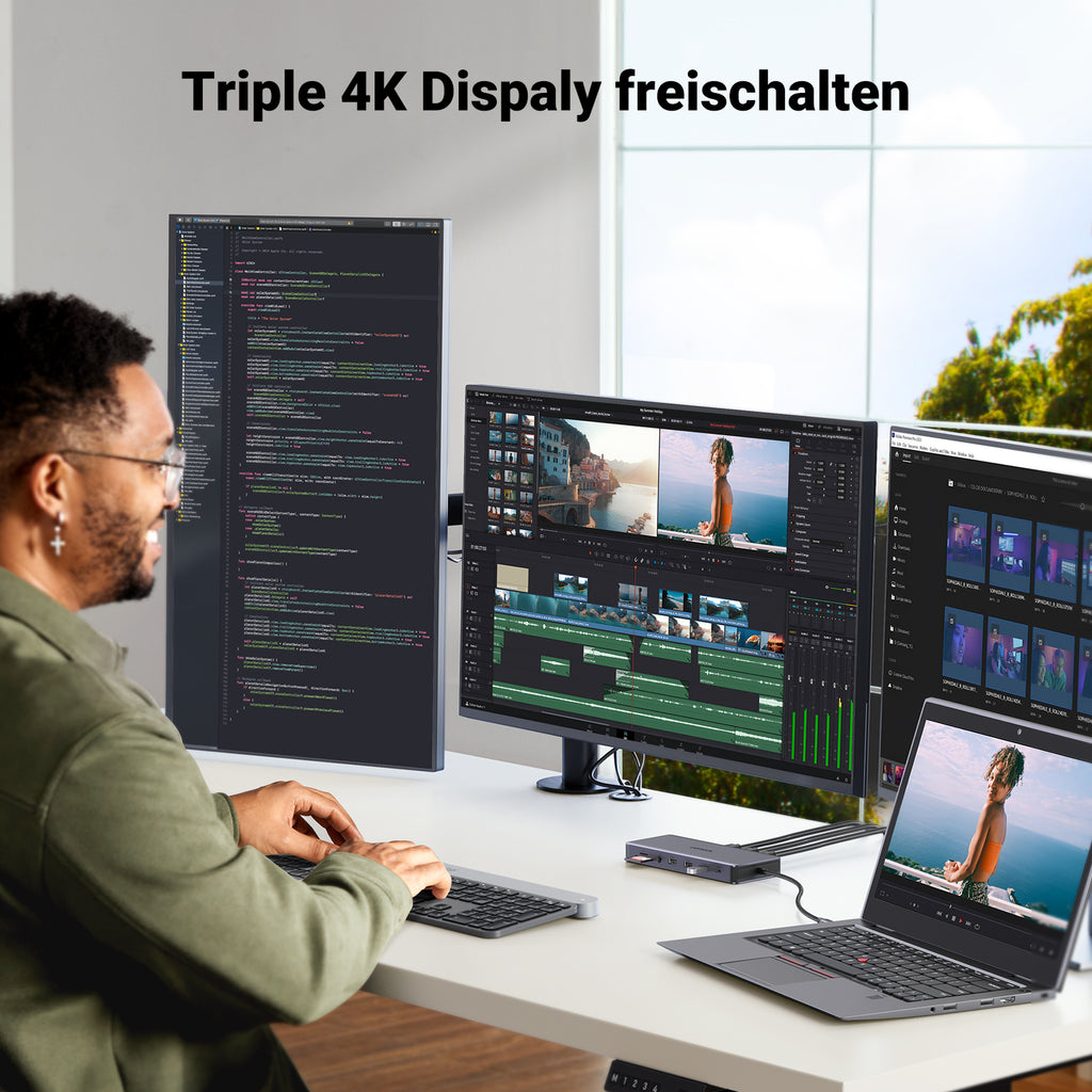 Die UGREEN Revodok Pro 313 USB-C Dockingstation (13-IN-1, Triple Display) ermöglicht als leistungsstarker USB-Hub die gleichzeitige Ausgabe auf drei 4K-Monitoren, sodass Nutzer effizient programmieren, bearbeiten und mehrere Anwendungen parallel verwalten können.