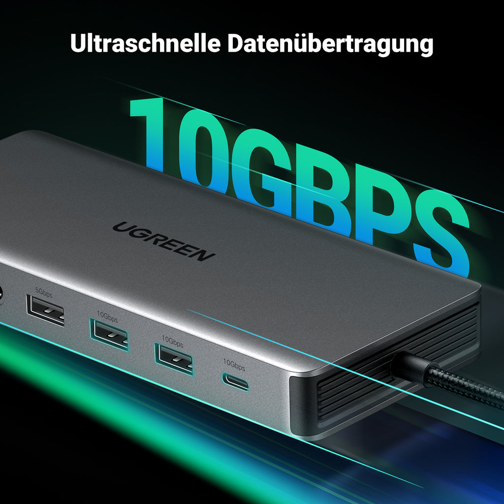 Die UGREEN Revodok Pro 313 USB-C Dockingstation (13-IN-1, Triple Display) bietet als schneller USB-Hub USB-C- und USB-A-Ports mit bis zu 10 Gbps, um große Dateien extrem rasch zu übertragen.