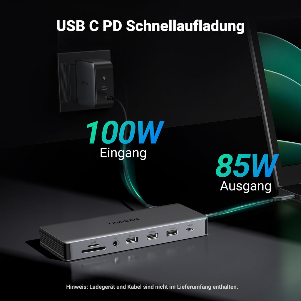 Die UGREEN Revodok Pro 313 USB-C Dockingstation (13-IN-1, Triple Display) liefert als zuverlässiger USB-Hub dank USB-C-PD bis zu 100 W Eingang und 85 W Ausgang, sodass Geräte schnell und stabil geladen werden können.