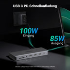 Die UGREEN Revodok Pro 313 USB-C Dockingstation (13-IN-1, Triple Display) liefert als zuverlässiger USB-Hub dank USB-C-PD bis zu 100 W Eingang und 85 W Ausgang, sodass Geräte schnell und stabil geladen werden können.