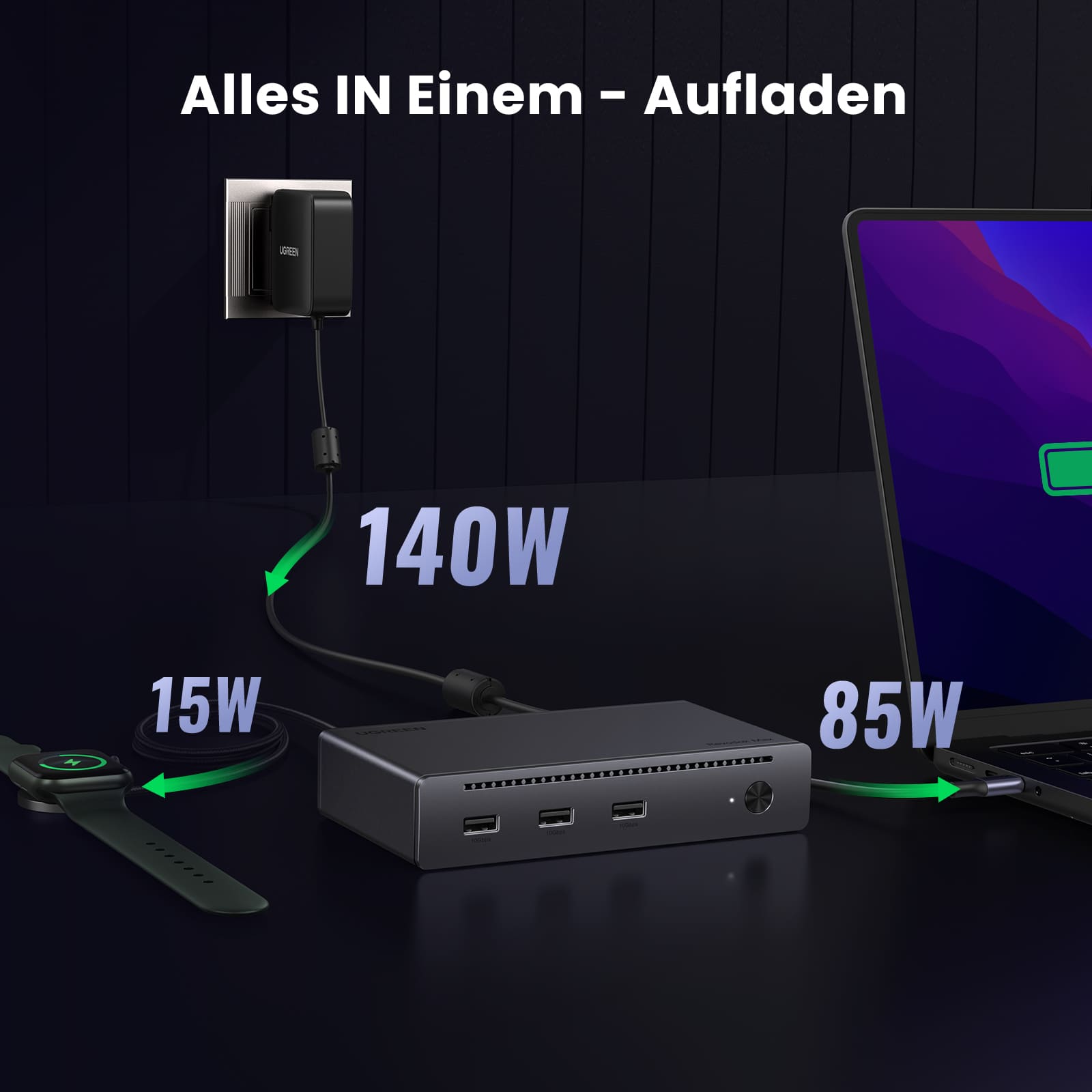 Die UGREEN Revodok Max 208 Dockingstation (Thunderbolt 4) bietet als praktischer usb hub 140W Eingang sowie 85W und 15W Ausgangsleistung für mehrere Geräte gleichzeitig.