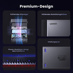 Die UGREEN Revodok Max 208 Dockingstation (Thunderbolt 4) kombiniert als hochwertiger usb hub ein Aluminiumgehäuse, Kühlgel, Plissee-Kühlkörper und Erhöhungspads zur verbesserten Wärmeableitung.
