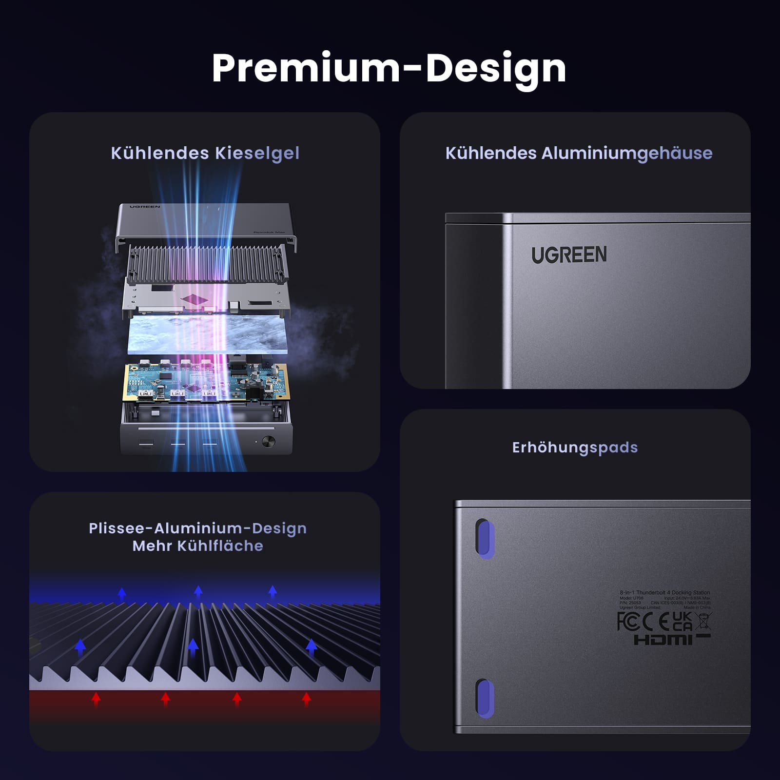 Die UGREEN Revodok Max 208 Dockingstation (Thunderbolt 4) kombiniert als hochwertiger usb hub ein Aluminiumgehäuse, Kühlgel, Plissee-Kühlkörper und Erhöhungspads zur verbesserten Wärmeableitung.