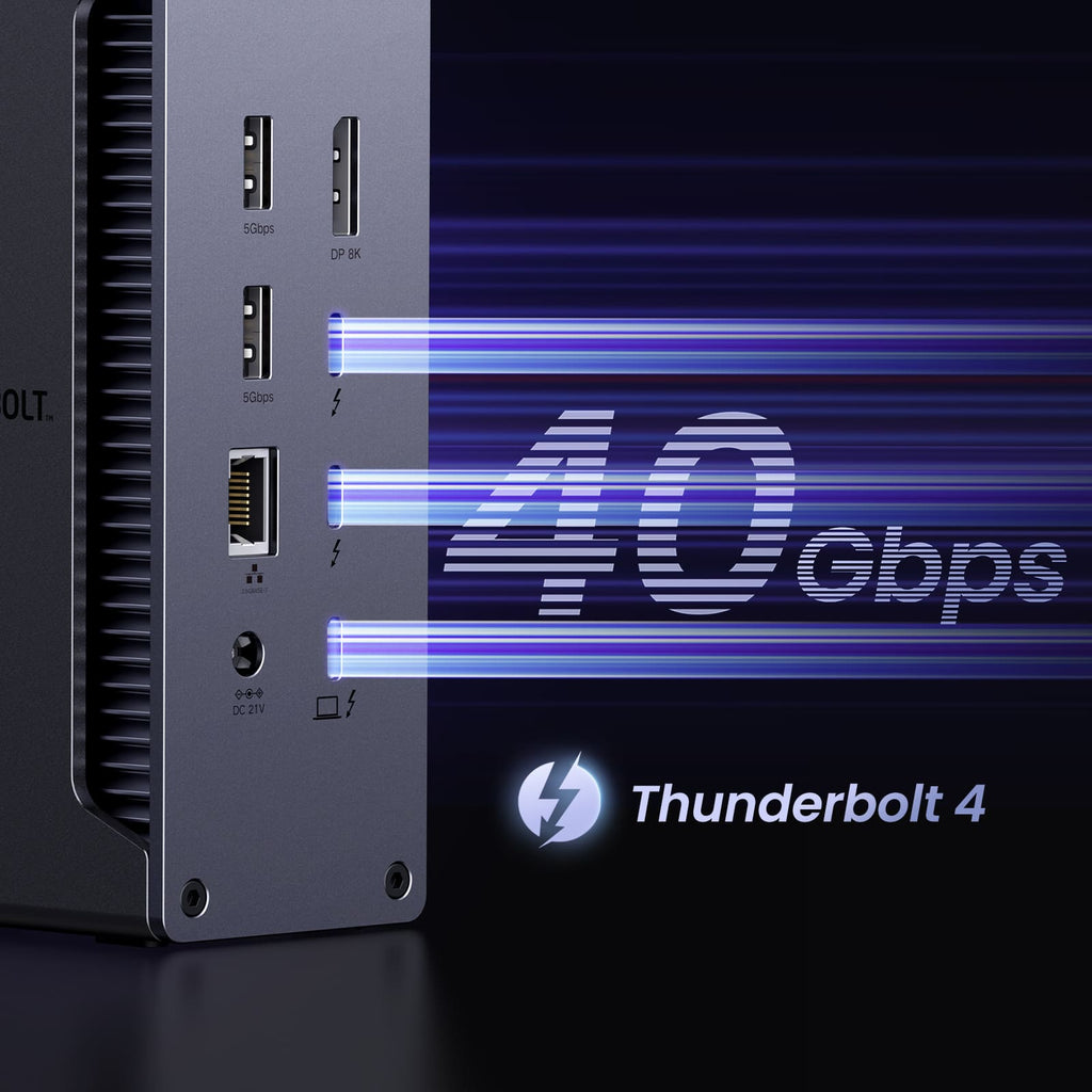 Die UGREEN Revodok Max 213 Dockingstation (13-IN-1, 40Gbps, 8K) nutzt als leistungsstarker USB-Hub Thunderbolt-4-Technologie mit bis zu 40 Gbps, um extrem schnelle Datenübertragungen und hohe Monitorauflösungen zu ermöglichen.