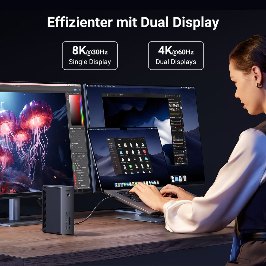 Die UGREEN Revodok Max 213 Dockingstation (13-IN-1, 40Gbps, 8K) ermöglicht als moderner USB-Hub eine 8K-@30Hz-Einzelanzeige oder zwei 4K-@60Hz-Displays gleichzeitig für ein effizienteres Multitasking.