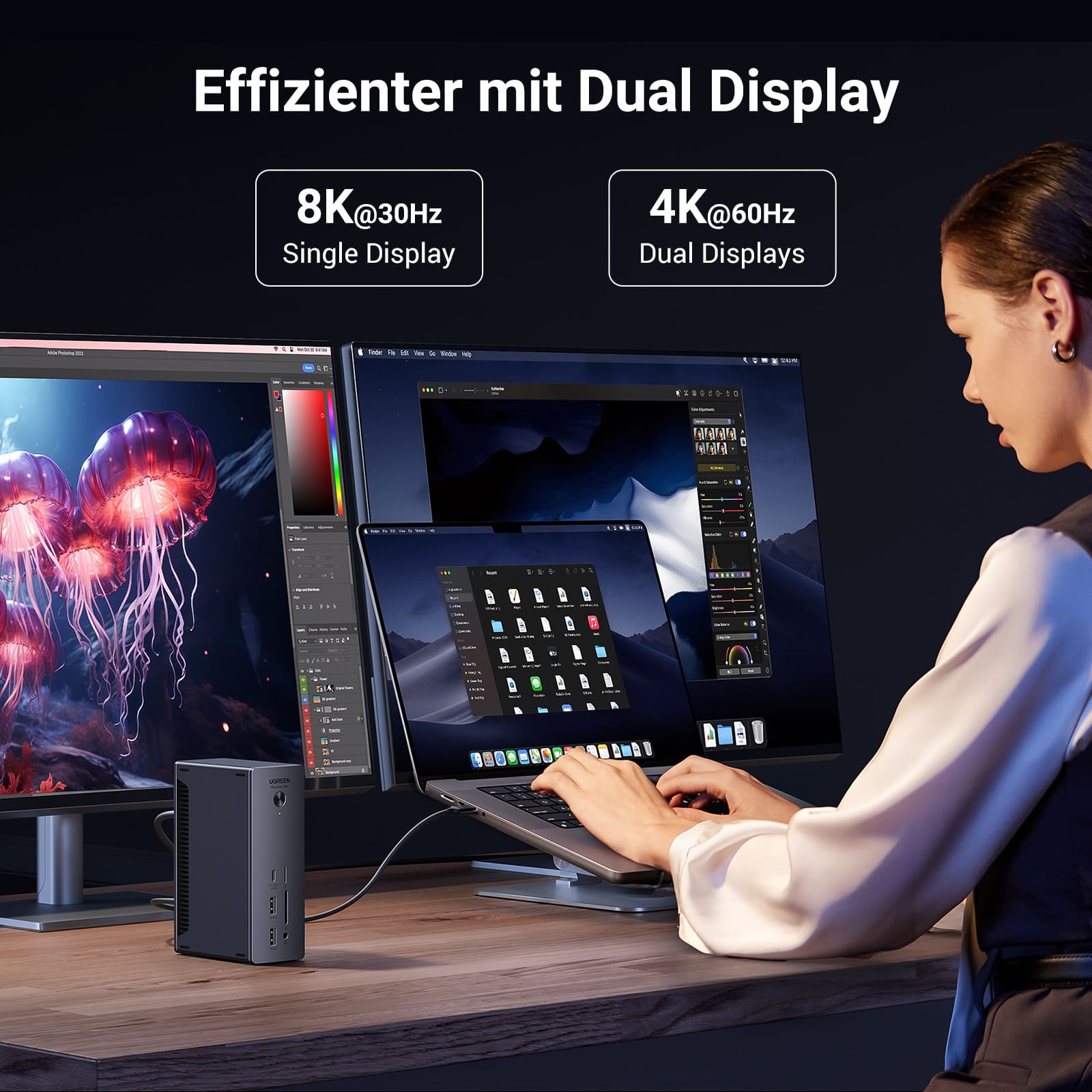 Die UGREEN Revodok Max 213 Dockingstation (13-IN-1, 40Gbps, 8K) ermöglicht als moderner USB-Hub eine 8K-@30Hz-Einzelanzeige oder zwei 4K-@60Hz-Displays gleichzeitig für ein effizienteres Multitasking.