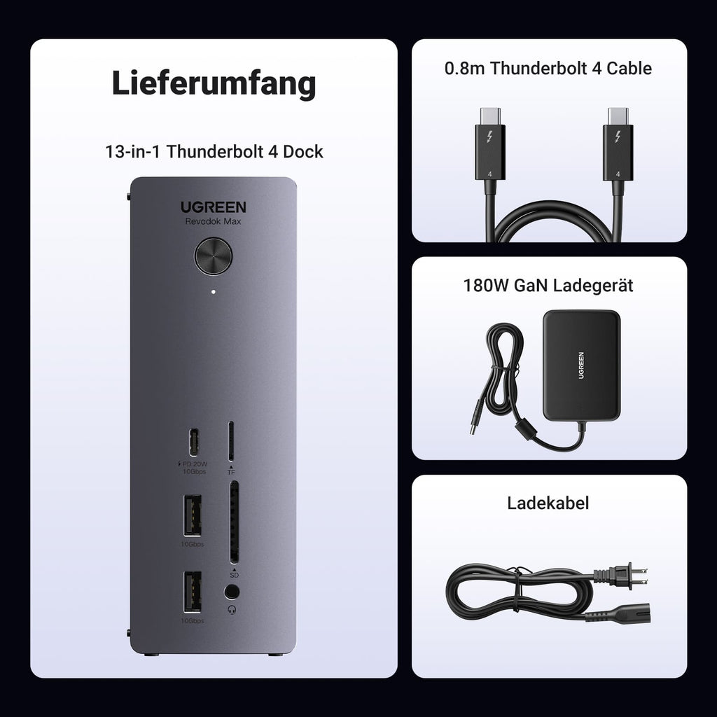 Zum Lieferumfang der UGREEN Revodok Max 213 Dockingstation (13-IN-1, 40Gbps, 8K) gehören der vielseitige USB-Hub selbst, ein 0.8-m-Thunderbolt-4-Kabel, ein 180-W-GaN-Ladegerät sowie ein Ladekabel für sofortige Nutzung.