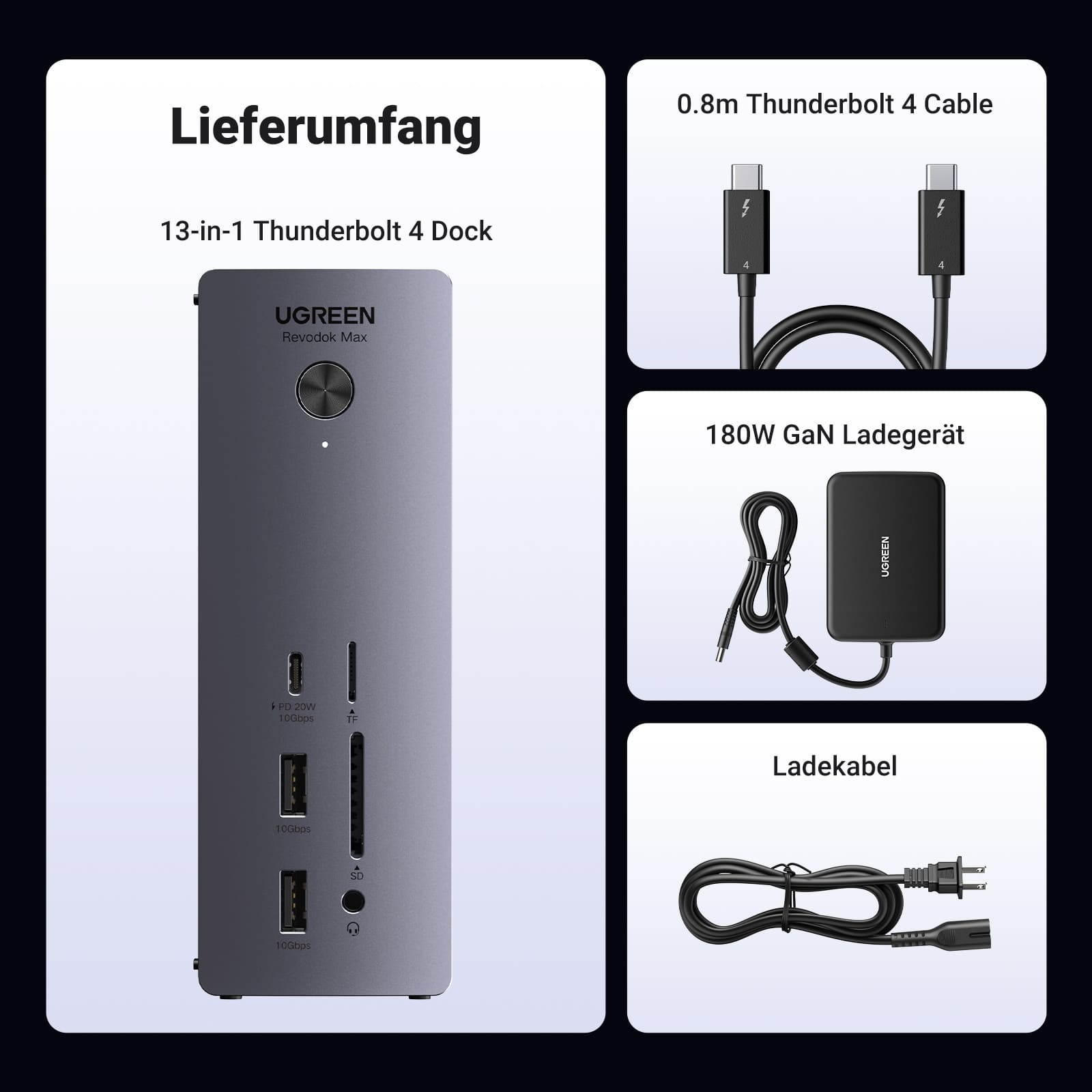 Zum Lieferumfang der UGREEN Revodok Max 213 Dockingstation (13-IN-1, 40Gbps, 8K) gehören der vielseitige USB-Hub selbst, ein 0.8-m-Thunderbolt-4-Kabel, ein 180-W-GaN-Ladegerät sowie ein Ladekabel für sofortige Nutzung.