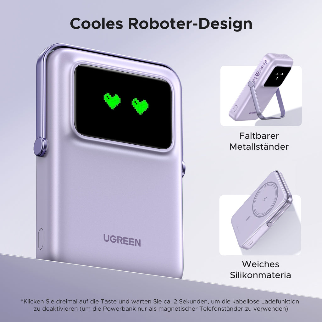 UGREEN Uno Magnetische Kabellose Powerbank (10000mAh, 7.5W, MagSafe-kompatibel) besticht durch ein cooles Roboter-Design mit faltbarem Metallständer und weichem Silikonmaterial für sicheren Halt und komfortables Laden.