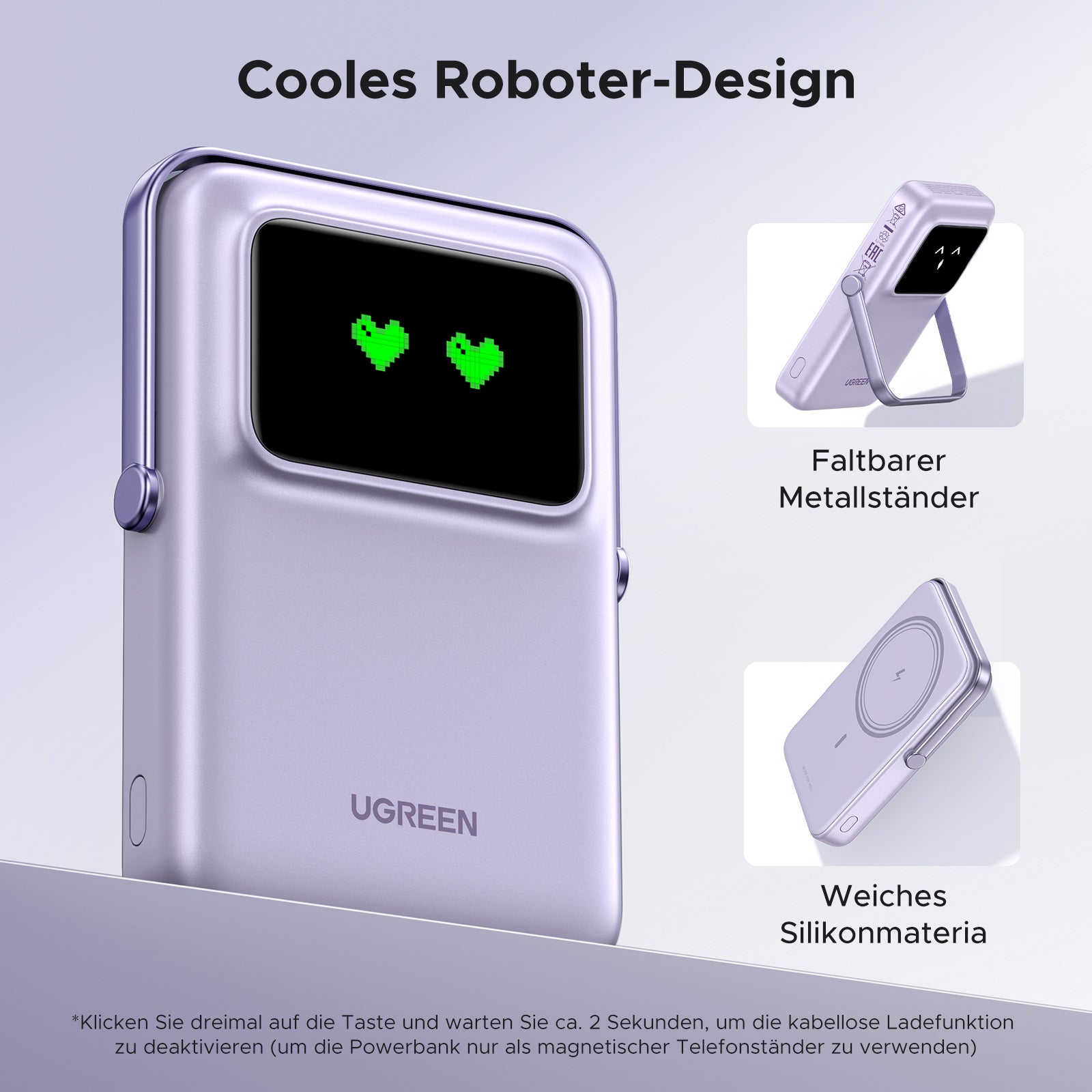 UGREEN Uno Magnetische Kabellose Powerbank (10000mAh, 7.5W, MagSafe-kompatibel) besticht durch ein cooles Roboter-Design mit faltbarem Metallständer und weichem Silikonmaterial für sicheren Halt und komfortables Laden.