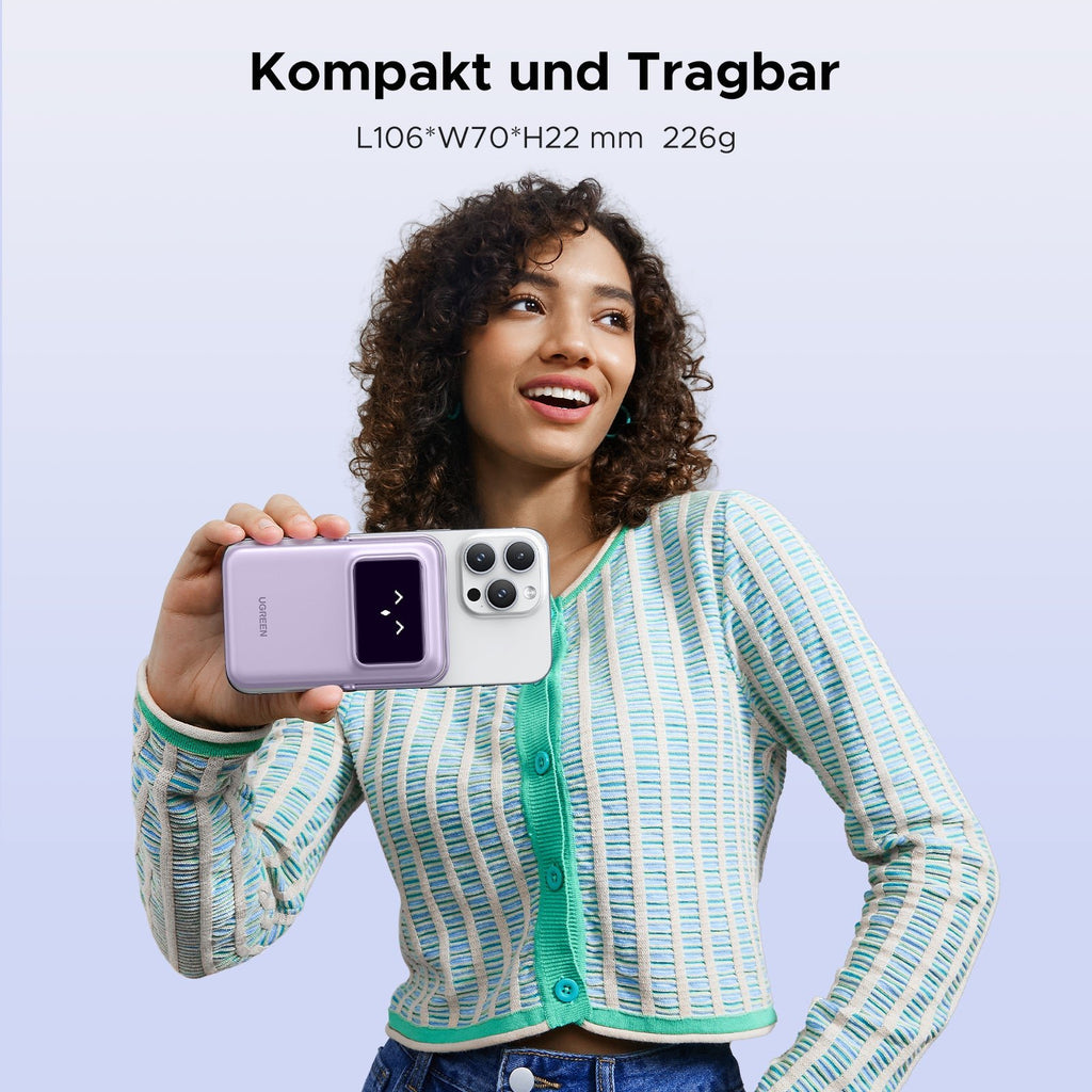 UGREEN Uno Magnetische Kabellose Powerbank (10000mAh, 7.5W, MagSafe-kompatibel) ist kompakt und tragbar, misst 106 × 70 × 22 mm und wiegt nur 226 g – ideal für unterwegs.
