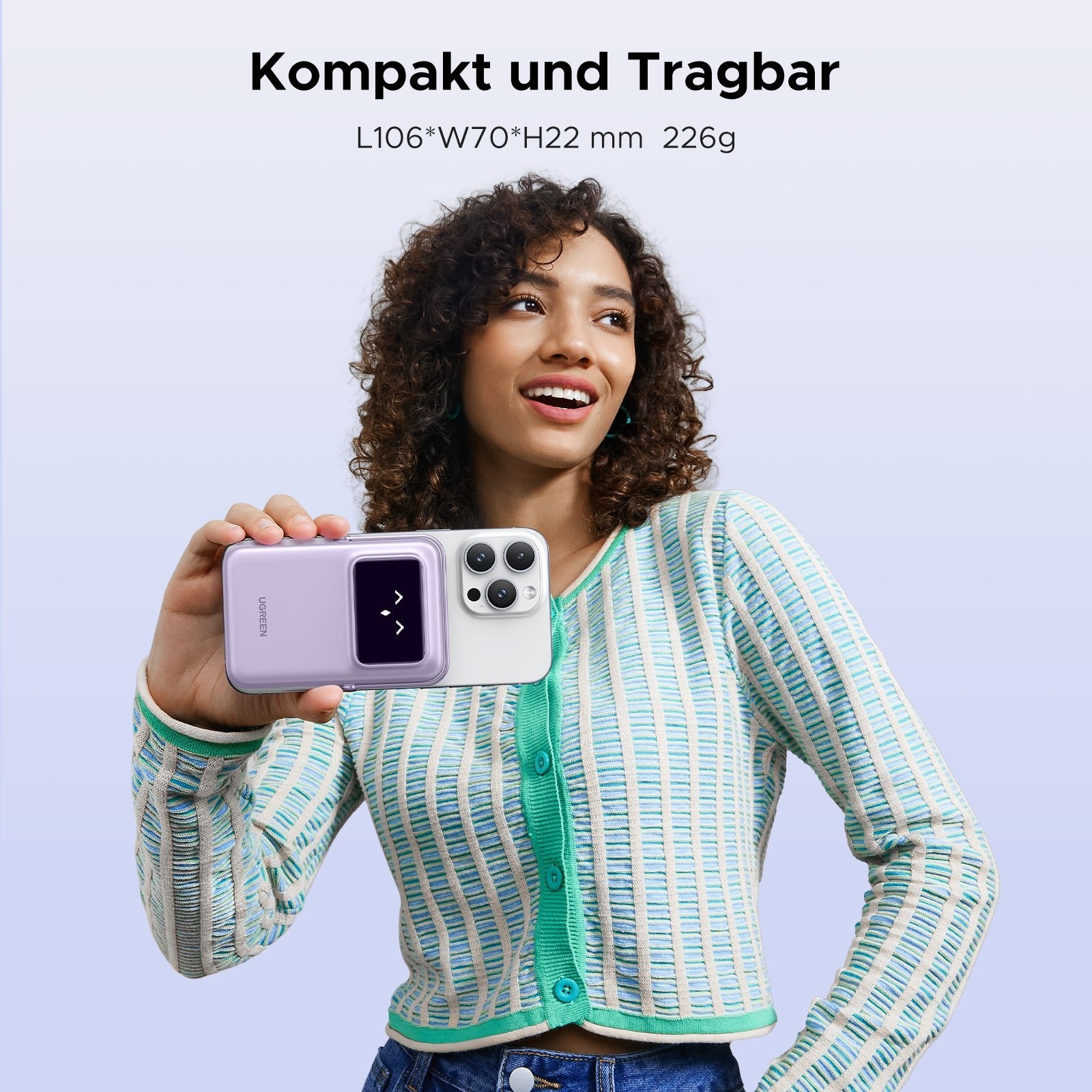 UGREEN Uno Magnetische Kabellose Powerbank (10000mAh, 7.5W, MagSafe-kompatibel) ist kompakt und tragbar, misst 106 × 70 × 22 mm und wiegt nur 226 g – ideal für unterwegs.