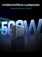 Das UGREEN Nexode 500 W 6-Port GaN Desktop Schnell-Ladegerät ist das weltweit erste 500 W Ladegerät, das bis zu 6 Geräte gleichzeitig aufladen kann, darunter 5 Laptops und 1 Telefon, und ist somit perfekt für den Einsatz zu Hause, im Büro oder im Studio. Mit USB-C1, das bis zu 240 W liefert, kann es ein 16" MacBook Pro in nur 30 Minuten auf 57 % aufladen, während die anderen Ports jeweils 60 W bereitstellen. Angetrieben von smarter GaN-Technologie und ausgestattet mit 6 GaN-Chips, gewährleistet es effizient