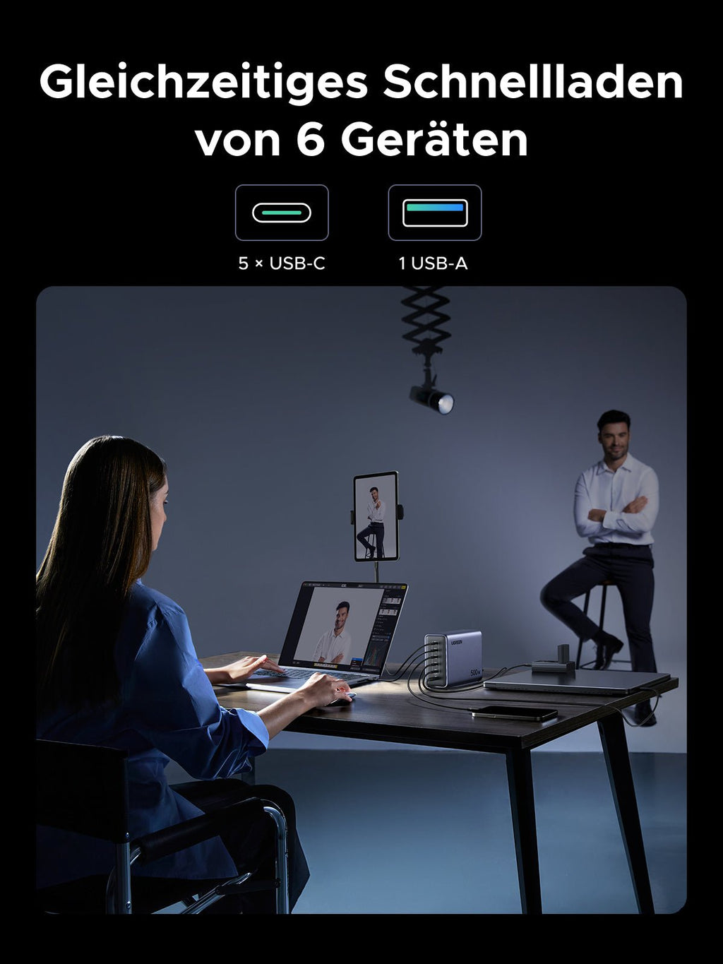 Das UGREEN Nexode 500 W 6-Port GaN Desktop Schnell-Ladegerät verfügt über 5 USB-C-Ports und 1 USB-A-Port, sodass Sie 6 Geräte gleichzeitig mit hoher Geschwindigkeit aufladen können.