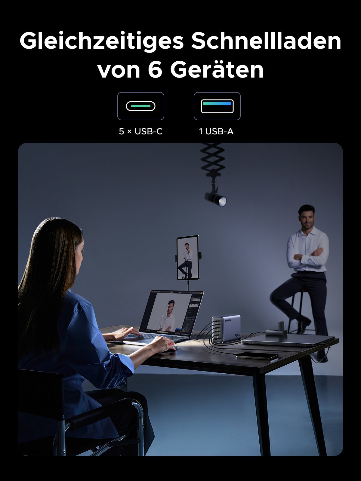 Das UGREEN Nexode 500 W 6-Port GaN Desktop Schnell-Ladegerät verfügt über 5 USB-C-Ports und 1 USB-A-Port, sodass Sie 6 Geräte gleichzeitig mit hoher Geschwindigkeit aufladen können.