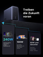Das UGREEN Nexode 500 W 6-Port GaN Desktop Schnell-Ladegerät ist für zukünftige Kompatibilität ausgelegt und liefert bis zu 240 W für Gaming-Laptops, Workstations, E-Bikes und das 16" MacBook Pro. Es bietet 100 W für Geräte wie das Dell XPS 15 und das MacBook Pro 13" und 14", während es 60 W und darunter für iPads, iPhones, Galaxy-Geräte und kleine Stromverbraucher wie Smartwatches und AirPods bereitstellt.