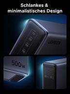 Das UGREEN Nexode 500 W 6-Port GaN Desktop Schnell-Ladegerät verfügt über intelligente Richtungskennung, die die Leistung automatisch anpasst, wenn ein Gerät kippt, um Überhitzung und mögliche Schäden zu verhindern und sicheres und effizientes Laden zu gewährleisten.