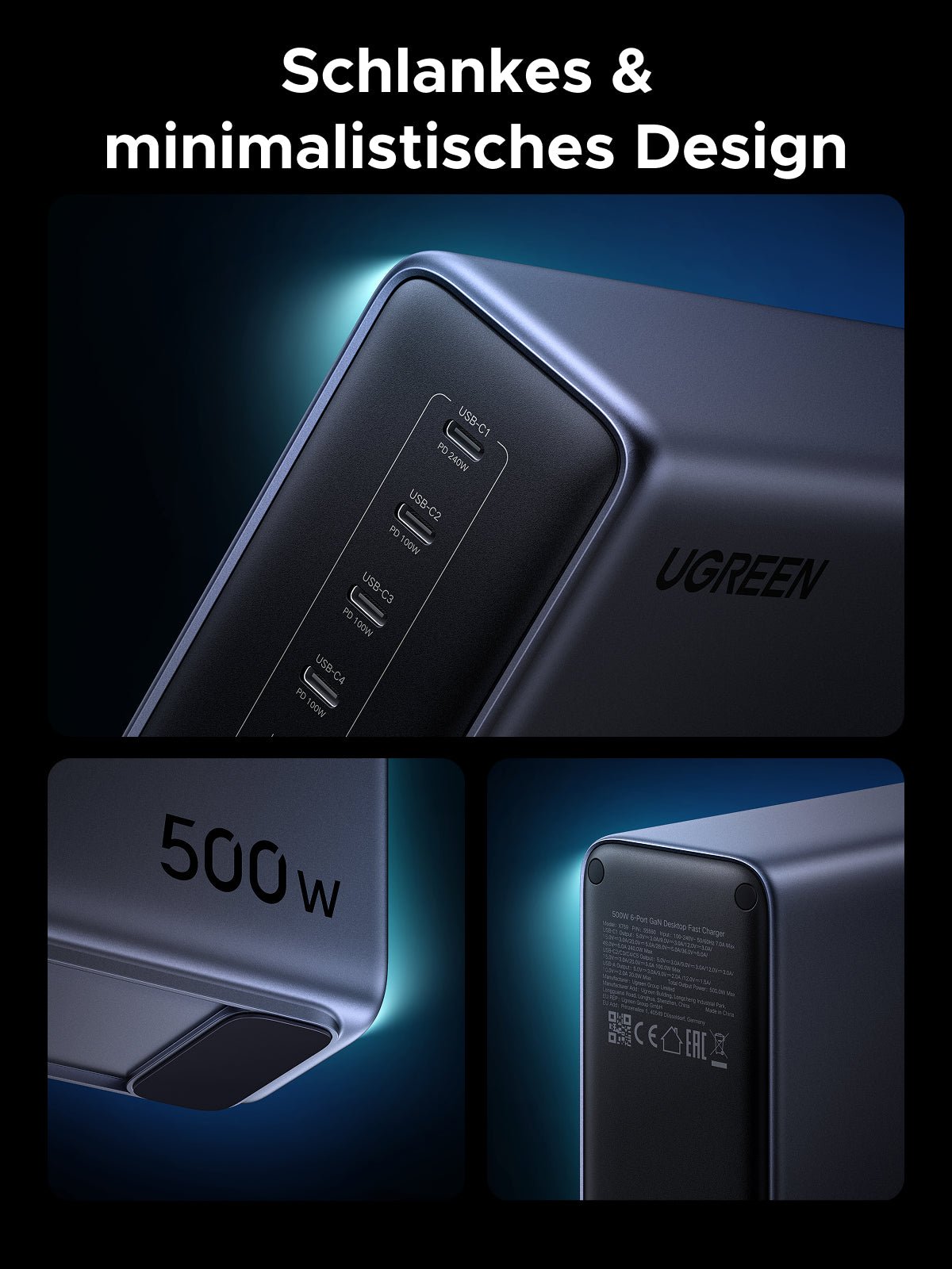 Das UGREEN Nexode 500 W 6-Port GaN Desktop Schnell-Ladegerät verfügt über intelligente Richtungskennung, die die Leistung automatisch anpasst, wenn ein Gerät kippt, um Überhitzung und mögliche Schäden zu verhindern und sicheres und effizientes Laden zu gewährleisten.