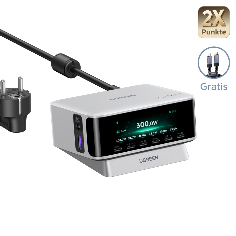 [Bald erhältlich] UGREEN Nexode Pro Smart-Display-Desktop-Ladegerät (300 W, 8 Anschlüsse, GaN, 5 Lademodi)