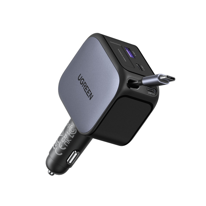 UGREEN Nexode Autoladegerät 145W mit ausziehbarem USB-C-Kabel bietet eine Einzelport-Ladeleistung von bis zu 100W und insgesamt 145W schnelles Laden bei Nutzung beider Ports, ausgestattet mit einem flexiblen 70 cm Kabel, das sich leicht ausziehen und einrollen lässt. Es verfügt über mehrschichtigen Sicherheitsschutz und ist kompatibel mit Geräten wie Handys, Tablets, Notebooks und Kameras, sodass bis zu 4 Geräte gleichzeitig bequem geladen werden können.
