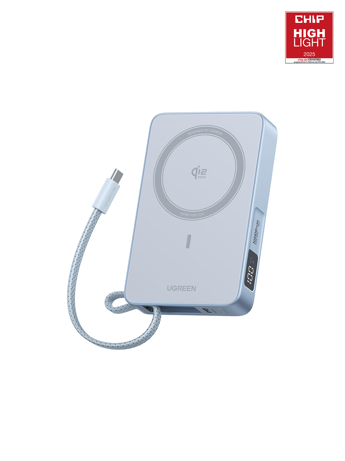 UGREEN MagFlow magnetische Powerbank mit 10.000 mAh Kapazität dient gleichzeitig als kabelloses Ladegerät und MagSafe-Powerbank, unterstützt Qi2 25 W schnelles kabelloses Laden und liefert stabilen magnetischen Halt sowie Next-Gen-MagSafe-Leistung für MagSafe-kompatible Geräte.