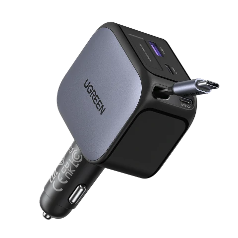UGREEN Nexode Autoladegerät 145W mit ausziehbarem USB-C-Kabel bietet eine Einzelport-Ladeleistung von bis zu 100W und insgesamt 145W schnelles Laden bei Nutzung beider Ports, ausgestattet mit einem flexiblen 70 cm Kabel, das sich leicht ausziehen und einrollen lässt. Es verfügt über mehrschichtigen Sicherheitsschutz und ist kompatibel mit Geräten wie Handys, Tablets, Notebooks und Kameras, sodass bis zu 4 Geräte gleichzeitig bequem geladen werden können.