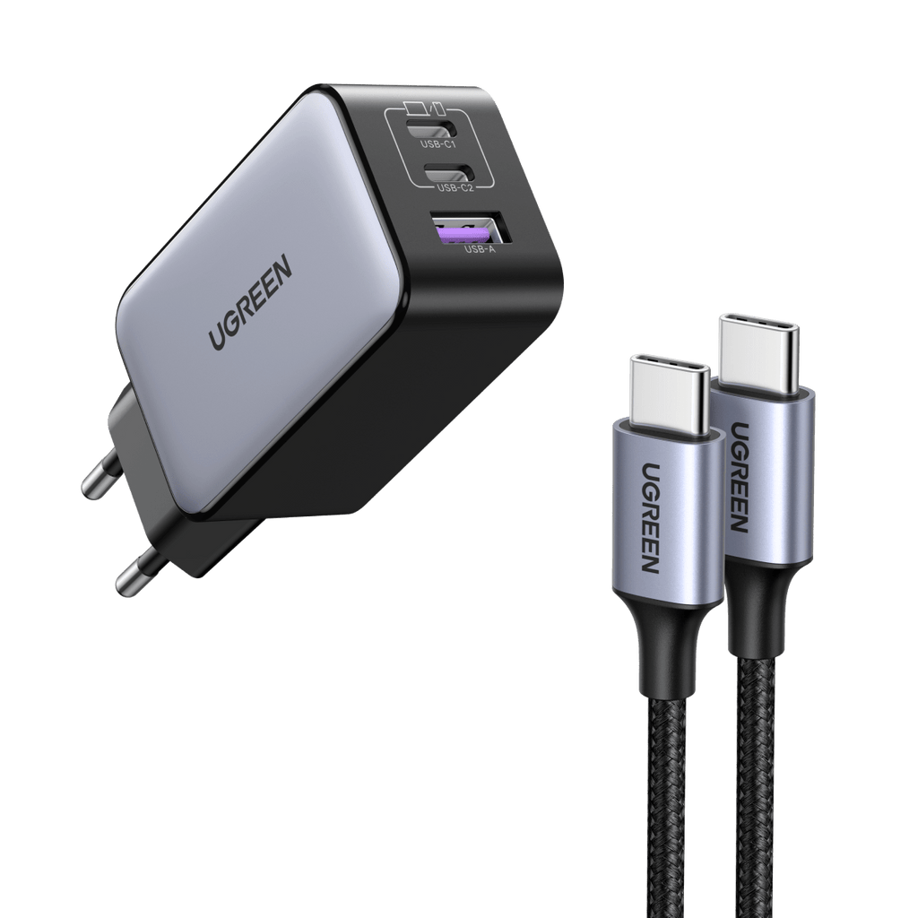 Ugreen 65W USB C Ladegerät 3-Ports GaN Wandladegerät+60W USB-C Ladekabel(1m)