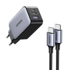 Ugreen 65W USB C Ladegerät 3-Ports GaN Wandladegerät+60W USB-C Ladekabel(1m)
