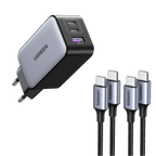 Ugreen 65W USB C Ladegerät 3-Ports GaN Wandladegerät+2*60W USB-C Ladekabel(1m)
