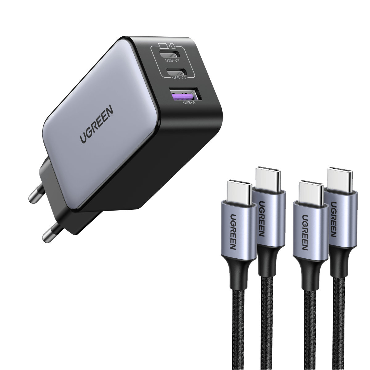 Ugreen 65W USB C Ladegerät 3-Ports GaN Wandladegerät+2*60W USB-C Ladekabel(1m)