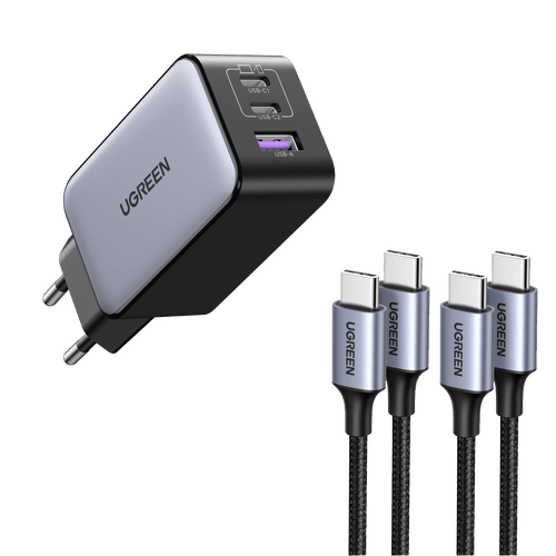 Ugreen 65W USB C Ladegerät 3-Ports GaN Wandladegerät+2*60W USB-C Ladekabel(1m)
