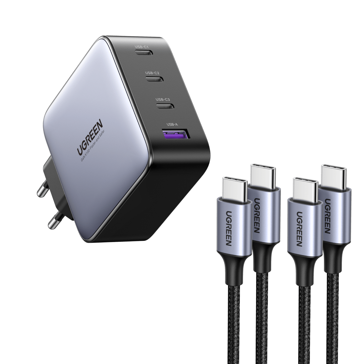 Ugreen 100W USB C Ladegerät 4-Ports GaN Wandladegerät+2 Stück 60W USB-C Ladekabel(1m)