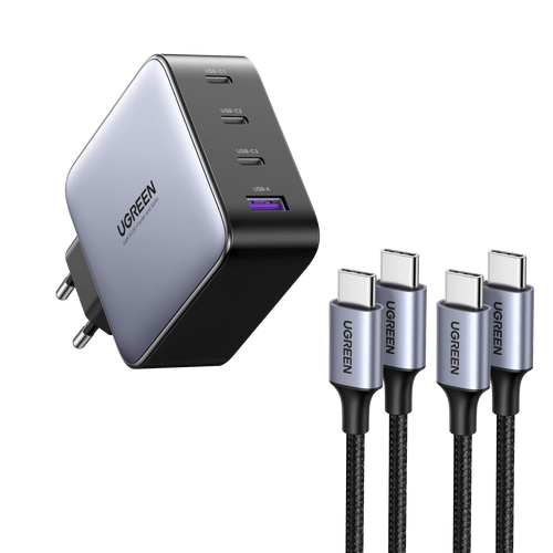 Ugreen 100W USB C Ladegerät 4-Ports GaN Wandladegerät+2 Stück 60W USB-C Ladekabel(1m)