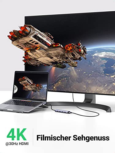 UGREEN USB-C Hub (4K@30Hz, 5Gbps, 5-in-1) bietet als docking station eine klare 4K@30Hz HDMI-Ausgabe und stellt lebendige Details auf externen Displays beeindruckend dar.