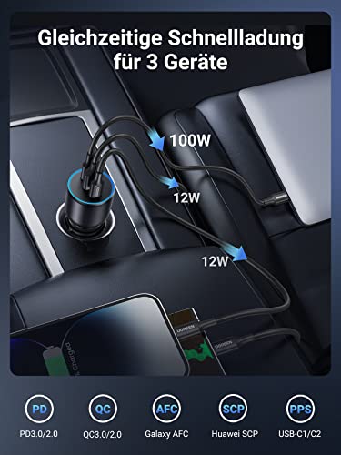 UGREEN Zigarettenanzünder USB C 130W USB C Autoladegerät 3-Port KFZ Ladegerät