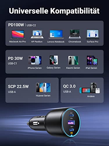 UGREEN Zigarettenanzünder USB C 130W USB C Autoladegerät 3-Port KFZ Ladegerät
