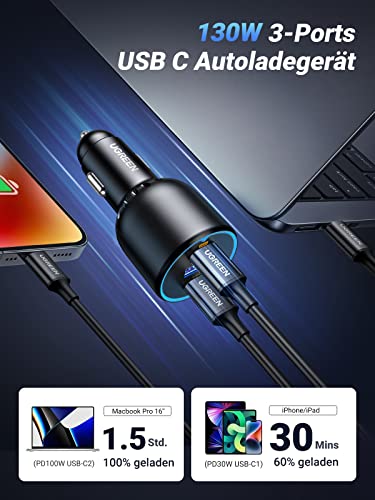 UGREEN Zigarettenanzünder USB C 130W USB C Autoladegerät 3-Port KFZ Ladegerät
