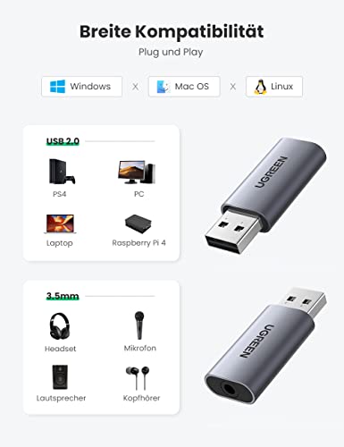UGREEN USB Externe Soundkarte 2 in 1 USB auf 3,5 mm Buchse Klinken