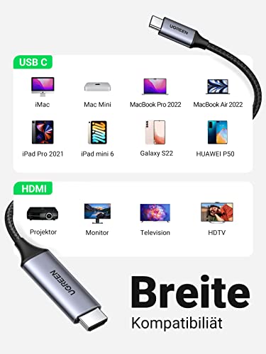UGREEN USB C auf HDMI Kabel 4K 60Hz 2m Thunderbolt 3/USB C 3.1 HDMI Kabel UHD Geflochten-Aluminium