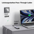 UGREEN USB-C Hub (6-in-1, 100W, 4K@60Hz) ermöglicht als docking station ein leistungsstarkes Pass-Through-Laden mit 100W Input und bis zu 95W Output.