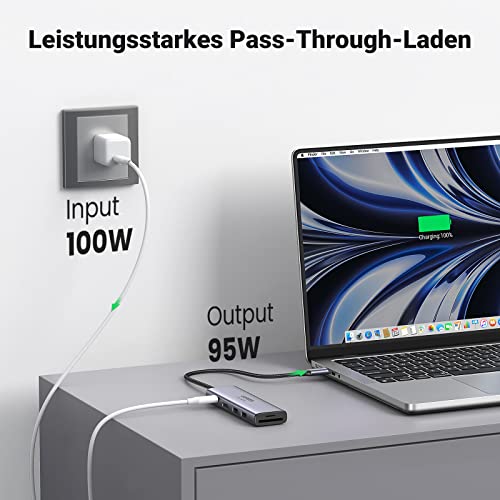 UGREEN USB-C Hub (6-in-1, 100W, 4K@60Hz) ermöglicht als docking station ein leistungsstarkes Pass-Through-Laden mit 100W Input und bis zu 95W Output.