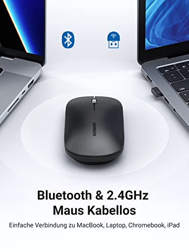 UGREEN Bluetooth Maus Flach Leise, Bluetooth und 2.4GHz Maus Kabellos mit Max. 4000 DPI, 18 Monate Akkulaufzeit