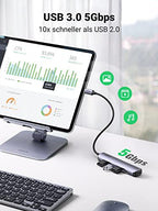 UGREEN USB-C Hub (4K@30Hz, 5Gbps, 5-in-1) liefert als docking station eine USB-3.0-Datenübertragung mit bis zu 5Gbps für schnelle Datei-, Foto- und Videoübertragungen.